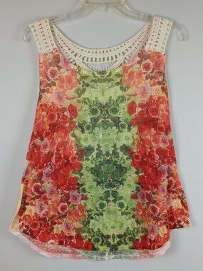 Cato Womens L Orange Green Floral Crochet Shoulder Back Panel Flowy Tank Top